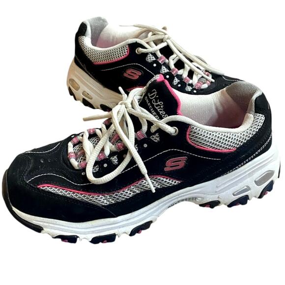 Skechers D' Lites Women's Running Sneakers US 7.5 Black Pink Leather Lace Up - Picture 1 of 9